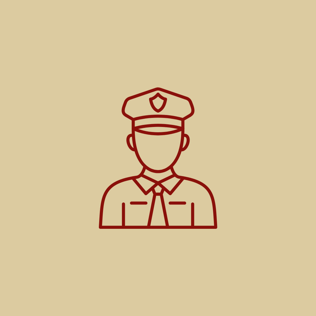 red background, gold police officer icon