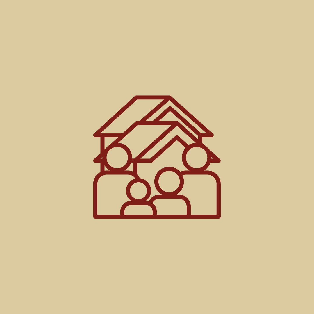 gold background with red outline of family and house