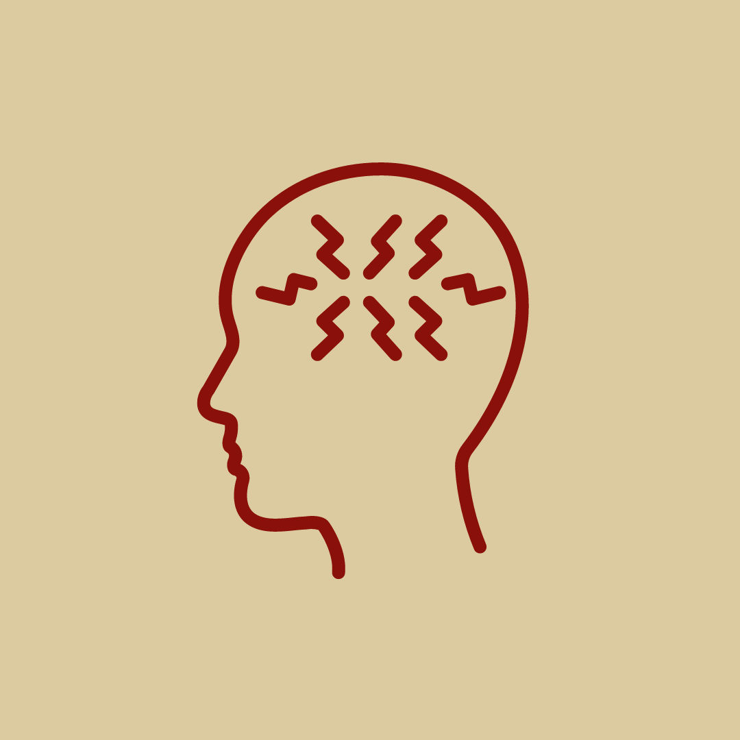 gold background red head outline with squiggles inside