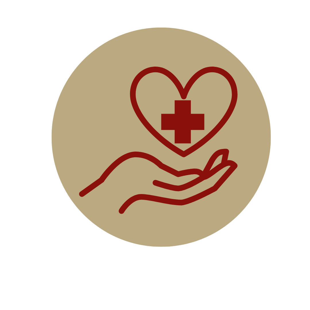 gold background with red cross between open hand