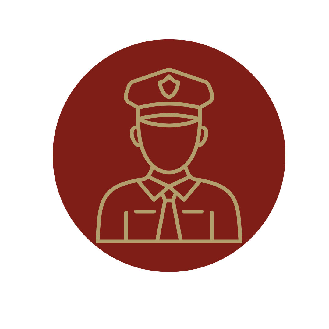 red background, gold police officer icon