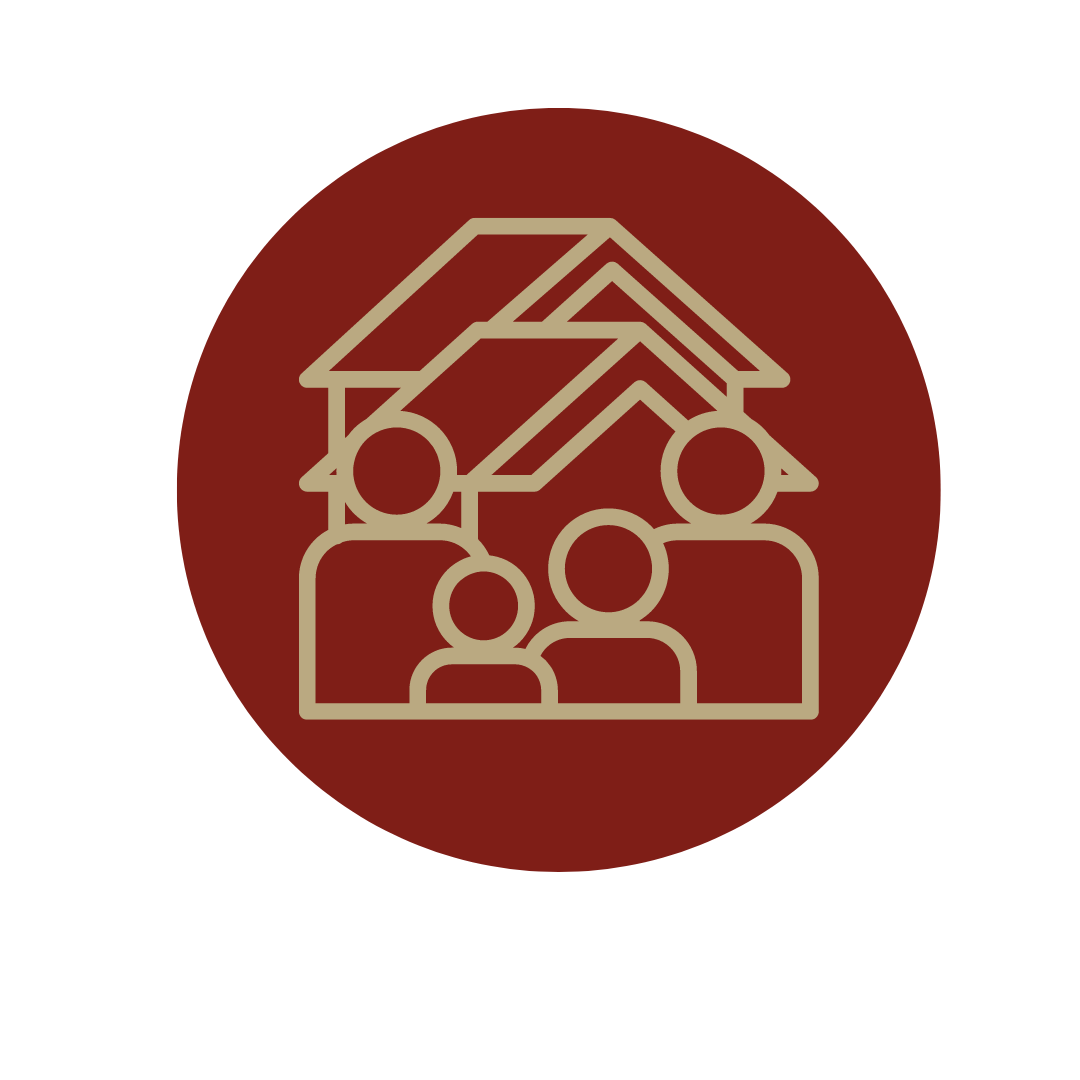 gold outline of family and house with red background