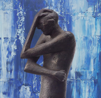 Bronze statue of a man holding his head and side in distress, over an abstract painting of blue streaks