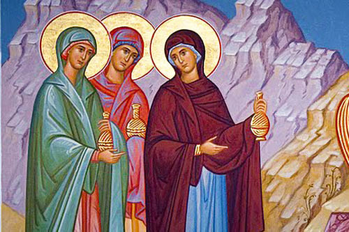 abstract painting of the Pentecost in torqouis and goldenrod, and a cross in the background