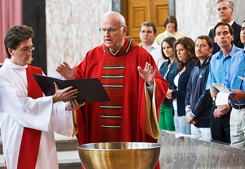 An abstract painting of a choir, members in different colors of robes.