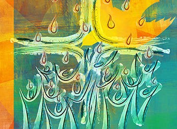 Photo of Blue-green and goldenrod abstract painting of the Pentecost