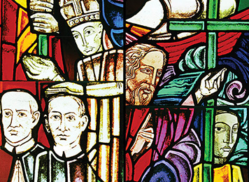 Stained glass scenes of Xaverian Brothers in mission