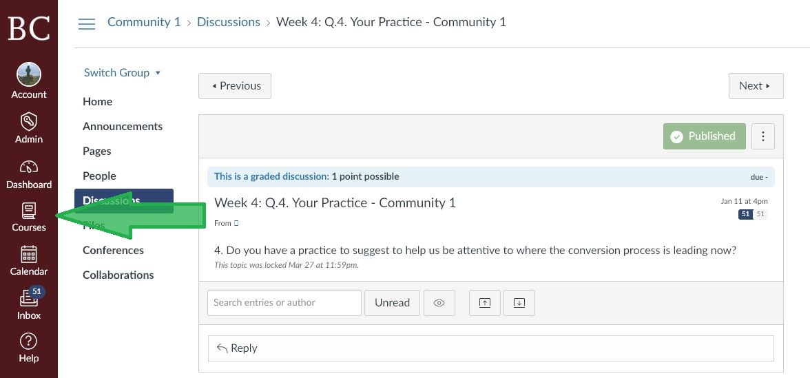 discussion-screen2a Arrow pointing to "Courses"