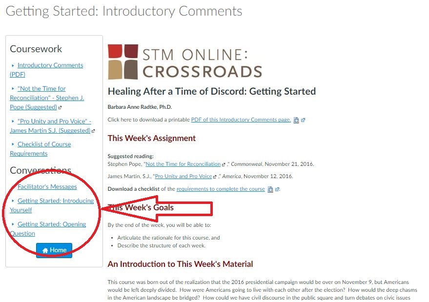 Arrow pointing to discussion links