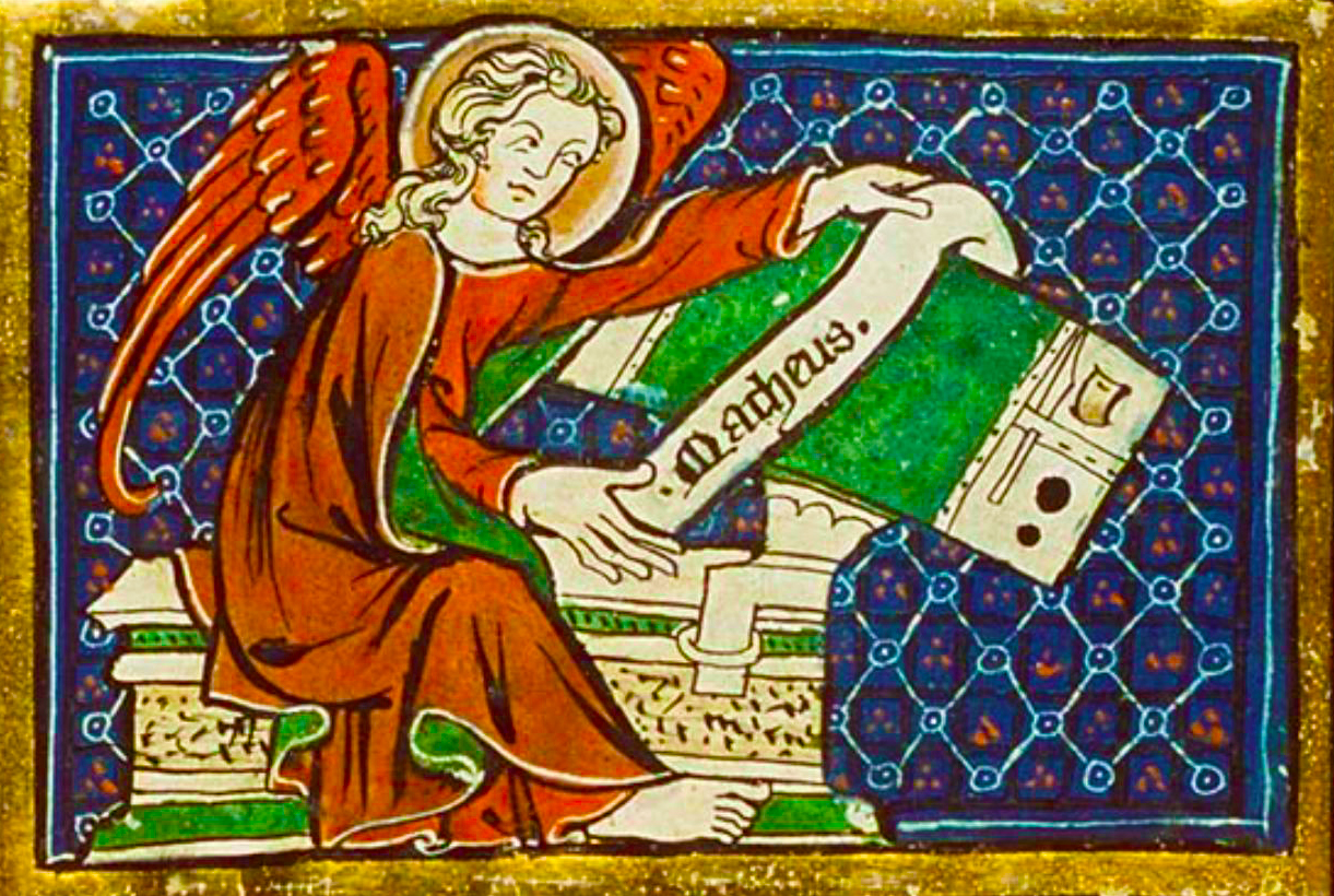 Manuscript illumination with angel in red holding a scroll labeled "Matheus"