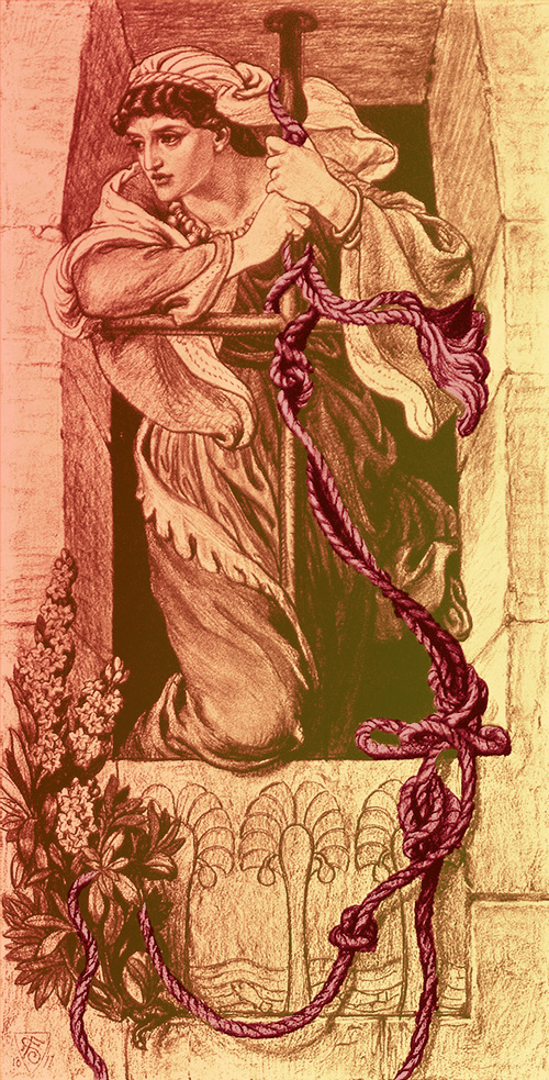 Engraving of Rahab with a rope tied to a window with red and yellow tones