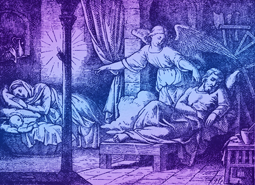 Engraving of the Holy Family sleeping with an angel standing over St. Joseph