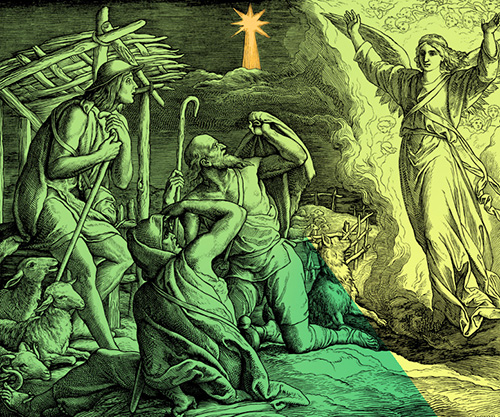 Engraving of the angel appearing to the shepherds under the star of Bethlehem