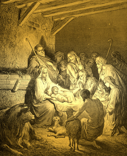 Engraving of the shepherds visiting the baby Jesus in a stable