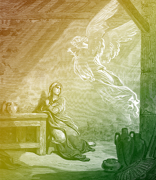 Engraving of the Annunciation with Mary sitting on the floor and Gabriel in white