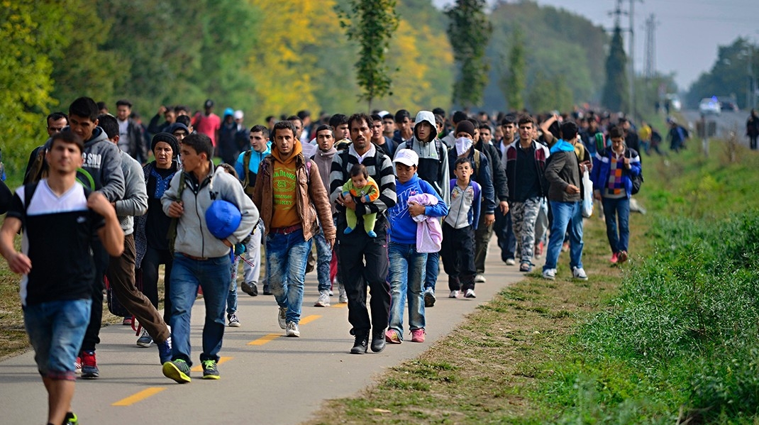 A group of migrants traveling on foot