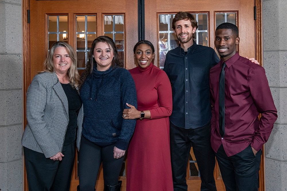 Photo of Woods College faculty member Kristin Bullwinkel, Missy DePillo '19, Taylor Bryan Turner '23, Woods College faculty member Dustin Rutledge, and West Price-Ashby '19. (Photo: Gary Wayne Gilbert)