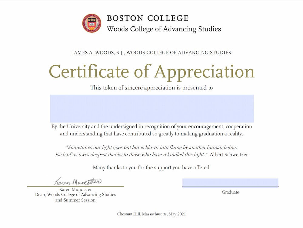 WCAS Certificate of Appreciation