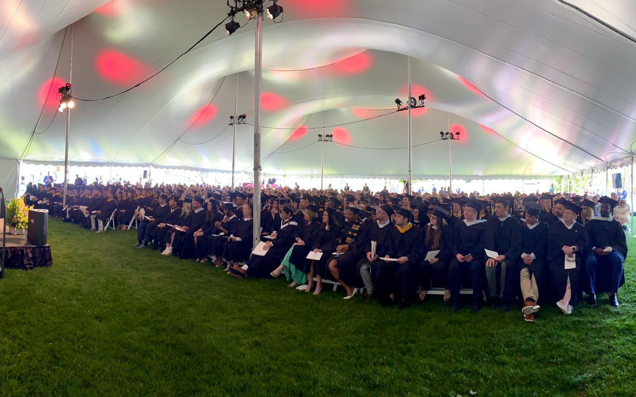 View of all Woods College graduates seating at the Diploma Ceremony