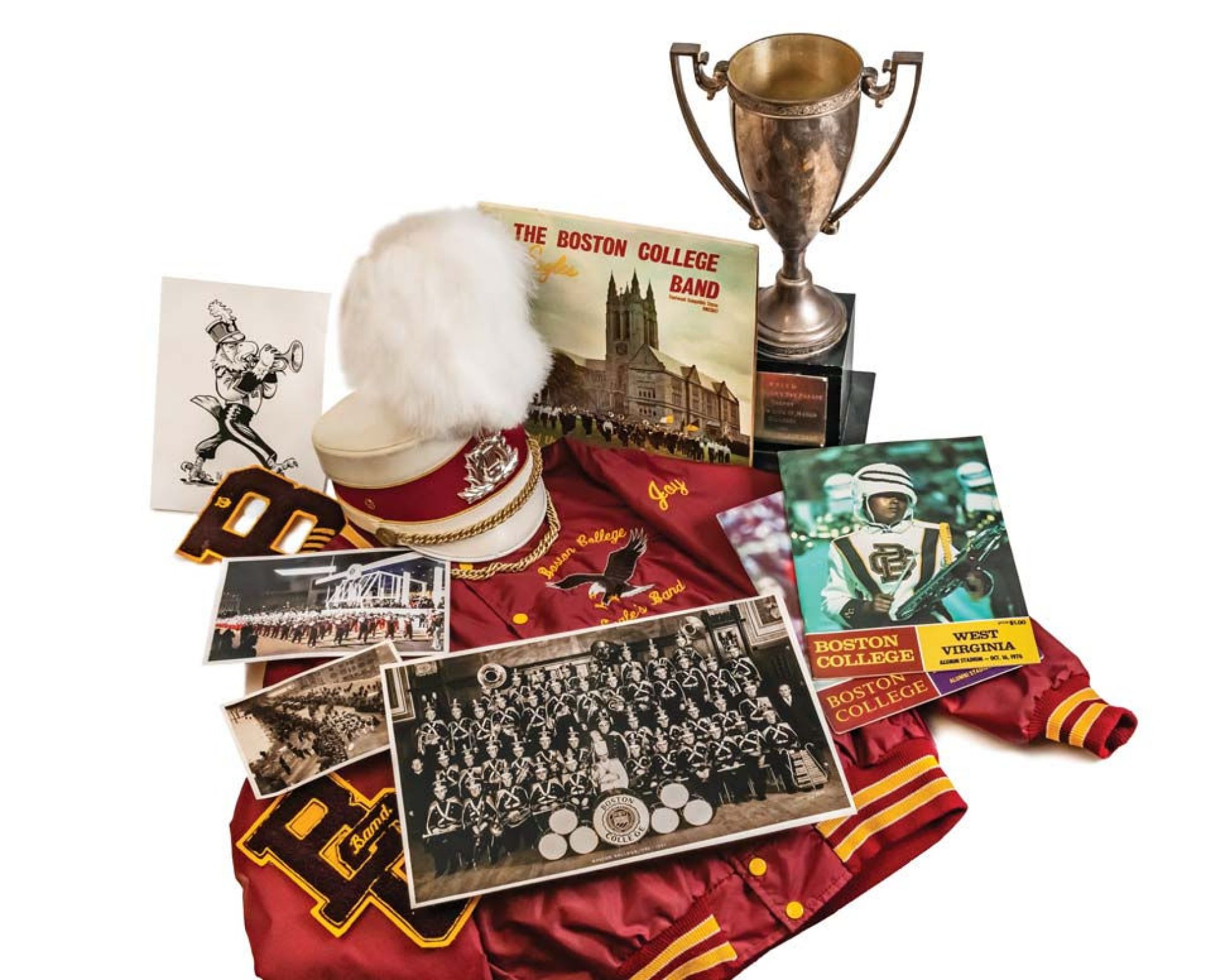 Collection items from the BC Band over the years: photos, record album cover, hat,  jacket, and a trophy
