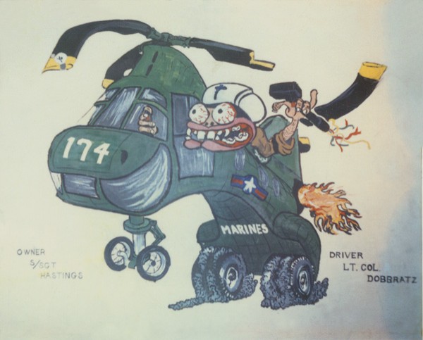 Drawing of Joe Dobbratz piloting a helicopter fashioned like a hot rod