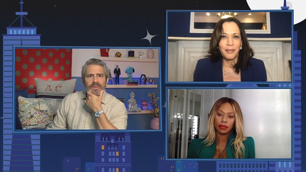 Kamala Harris + Laverne Cox + Andy Cohen on screen virtual interview