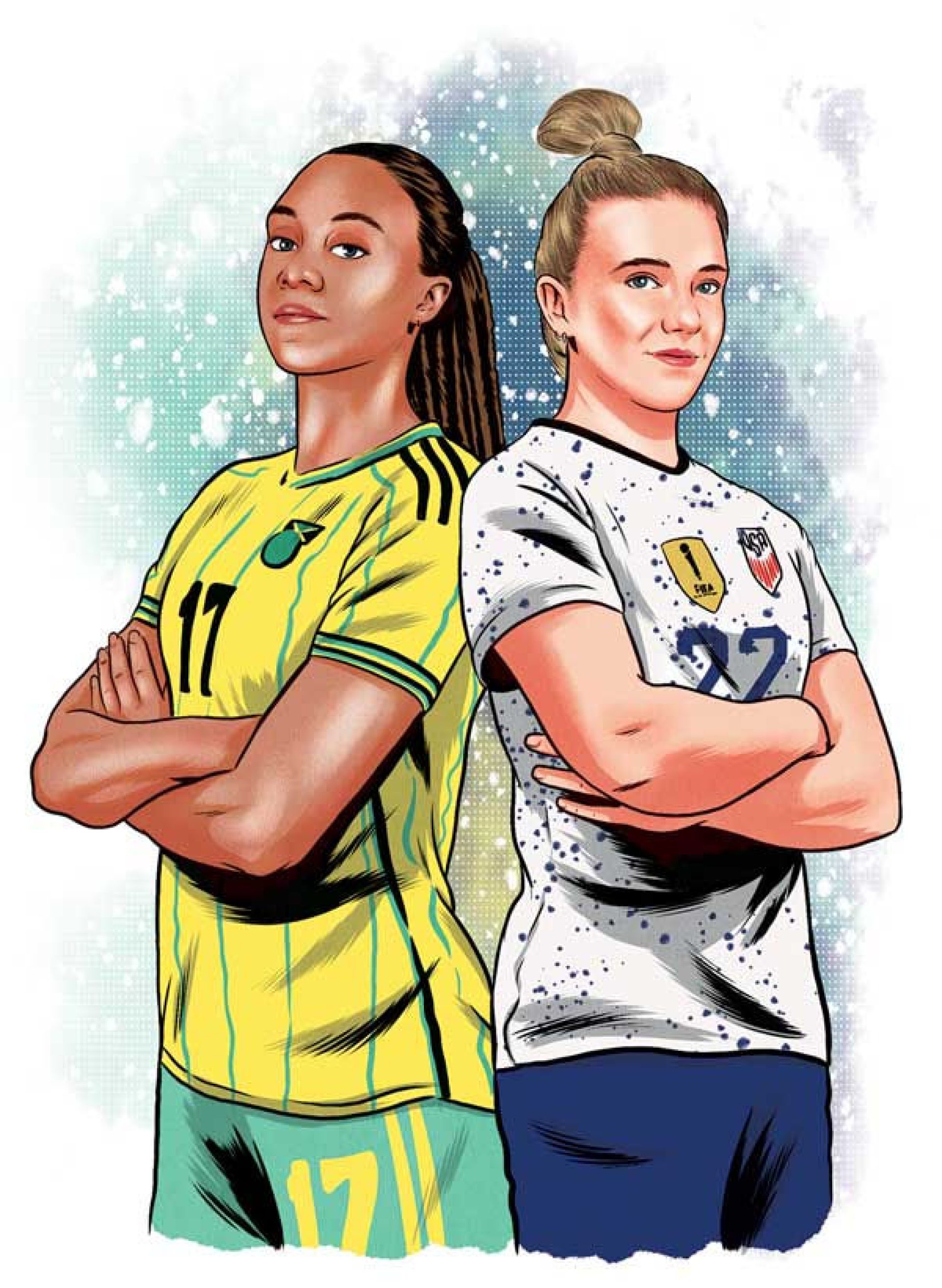 Colorful illustration of Allyson Swaby ’18 and Kristie Mewis  ’13 