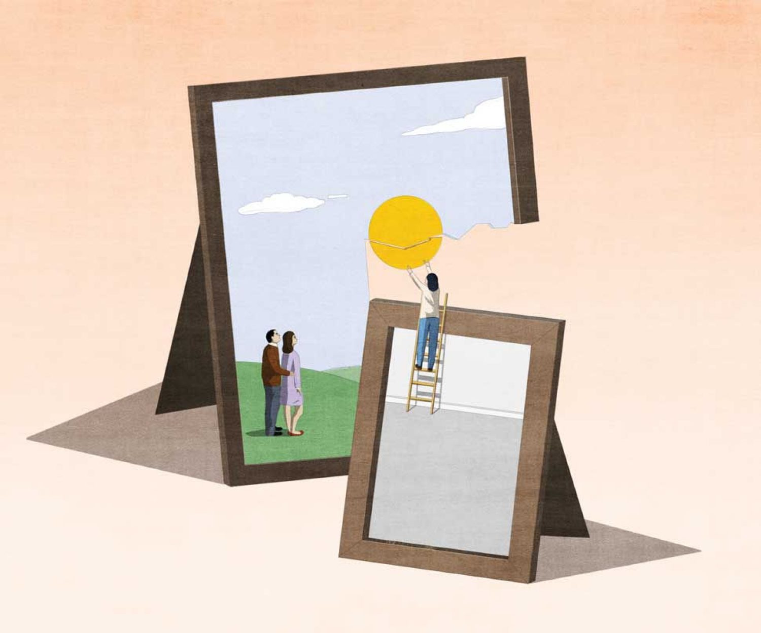 Illustration of two picture frames with a couple in one and a caregiver in another repairing the sun