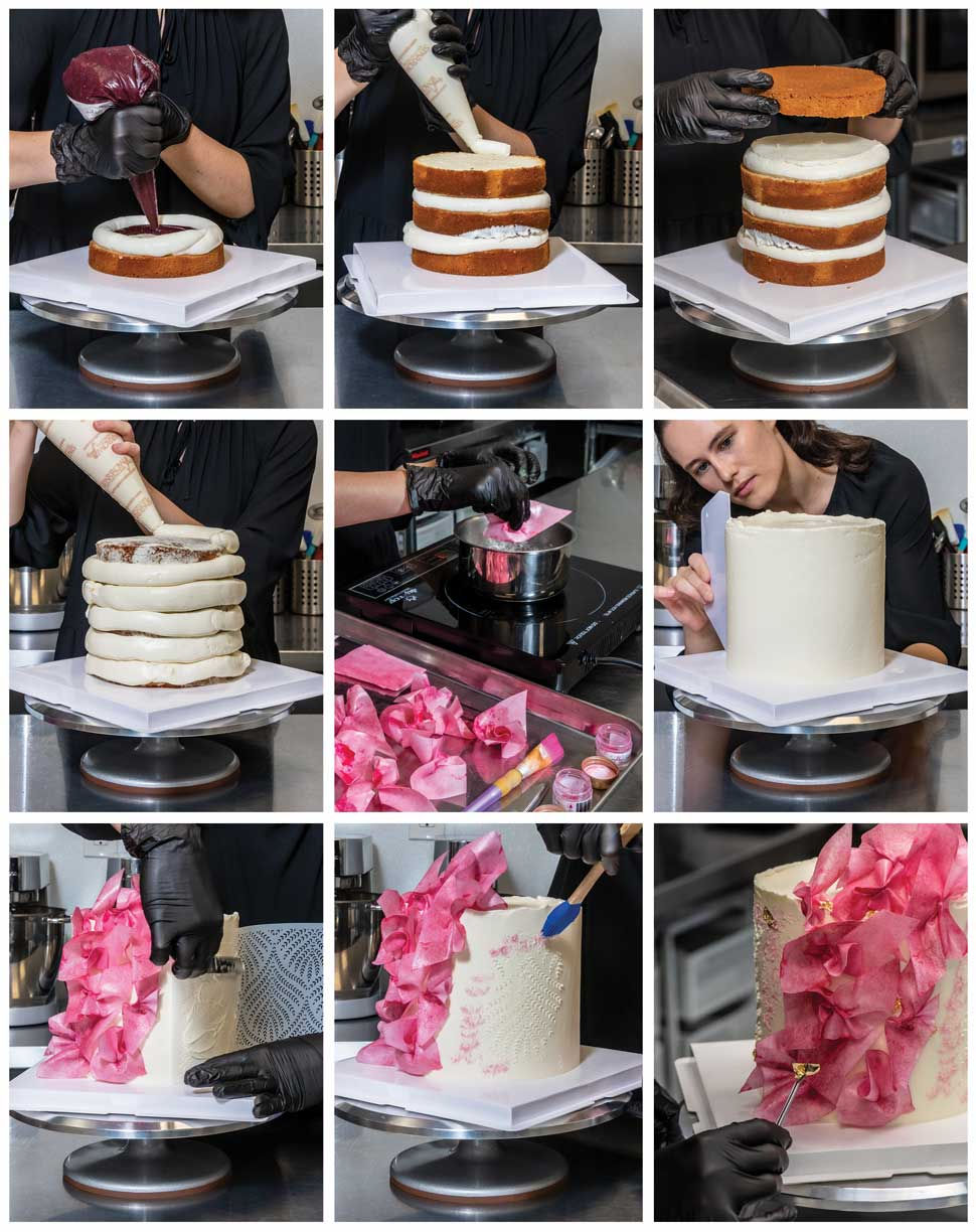 Sequence of photos showing Ilona in the process of making and decorating a cake