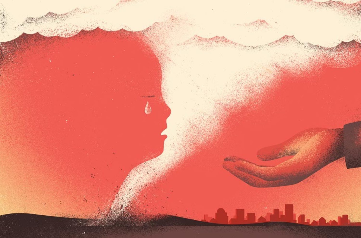 Illustration of a child's face behind behind a tornado opposite a hand reaching out to help