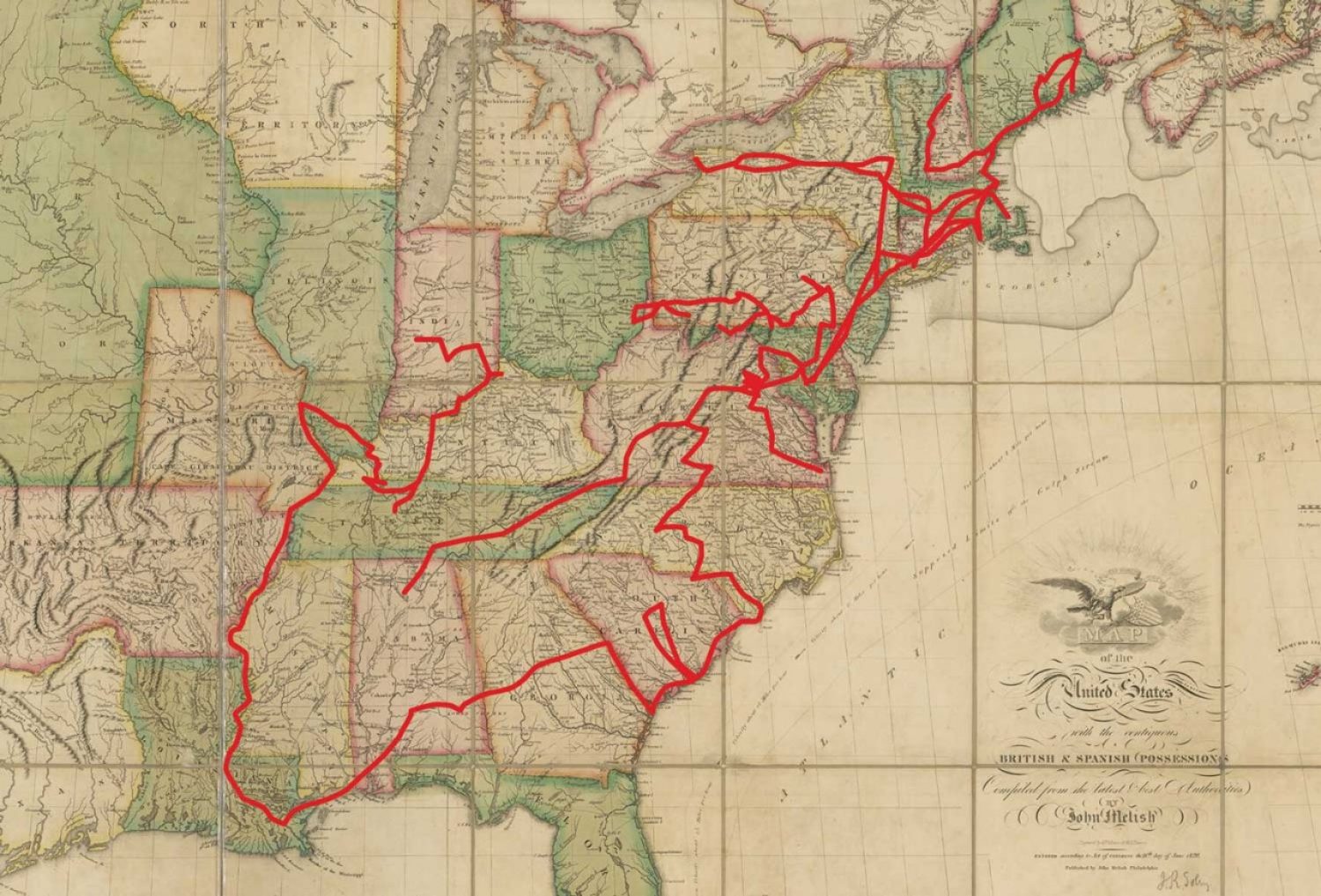 Early 19th Century United States map with lines marking Routes that writer Anne Royall traveled on U.S. Postal Service stagecoaches