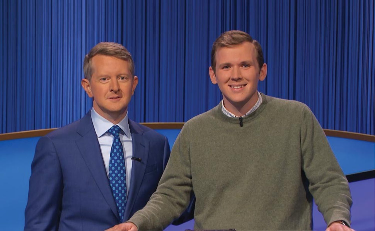 Sean McShane with Ken Jennings on the set of Jeopardy
