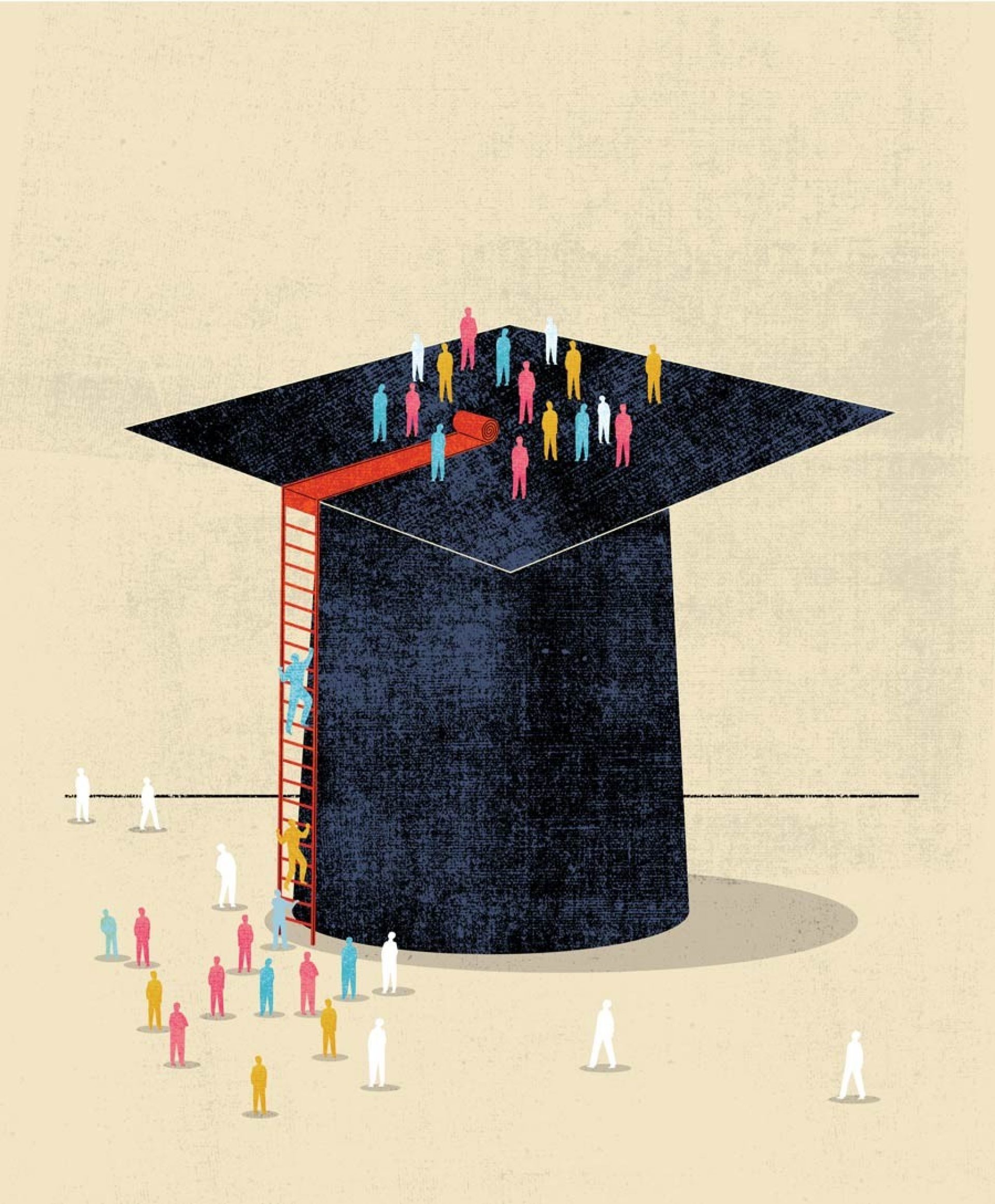 An illustration showing people scaling a graduation cap.