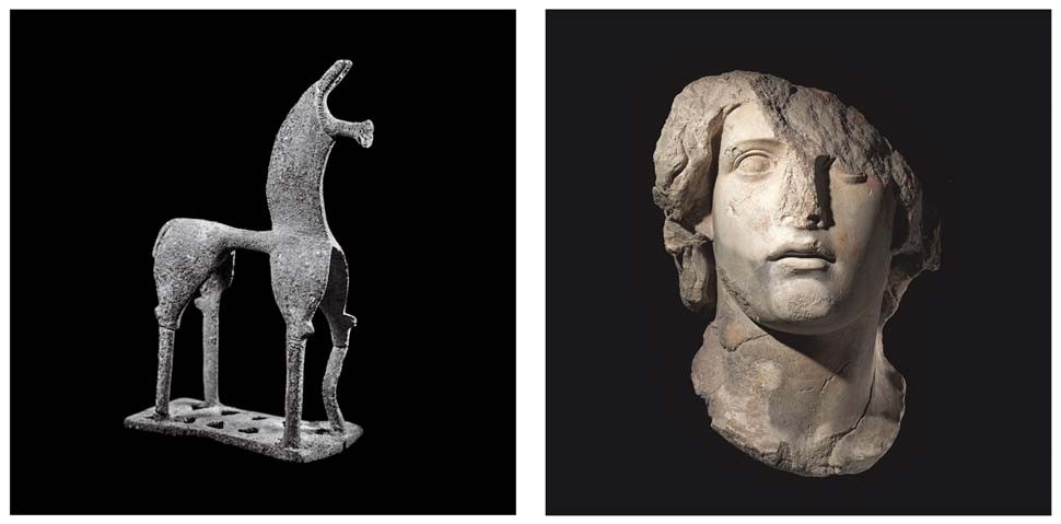 Photos of a bronze horse sculpture and a marble bust