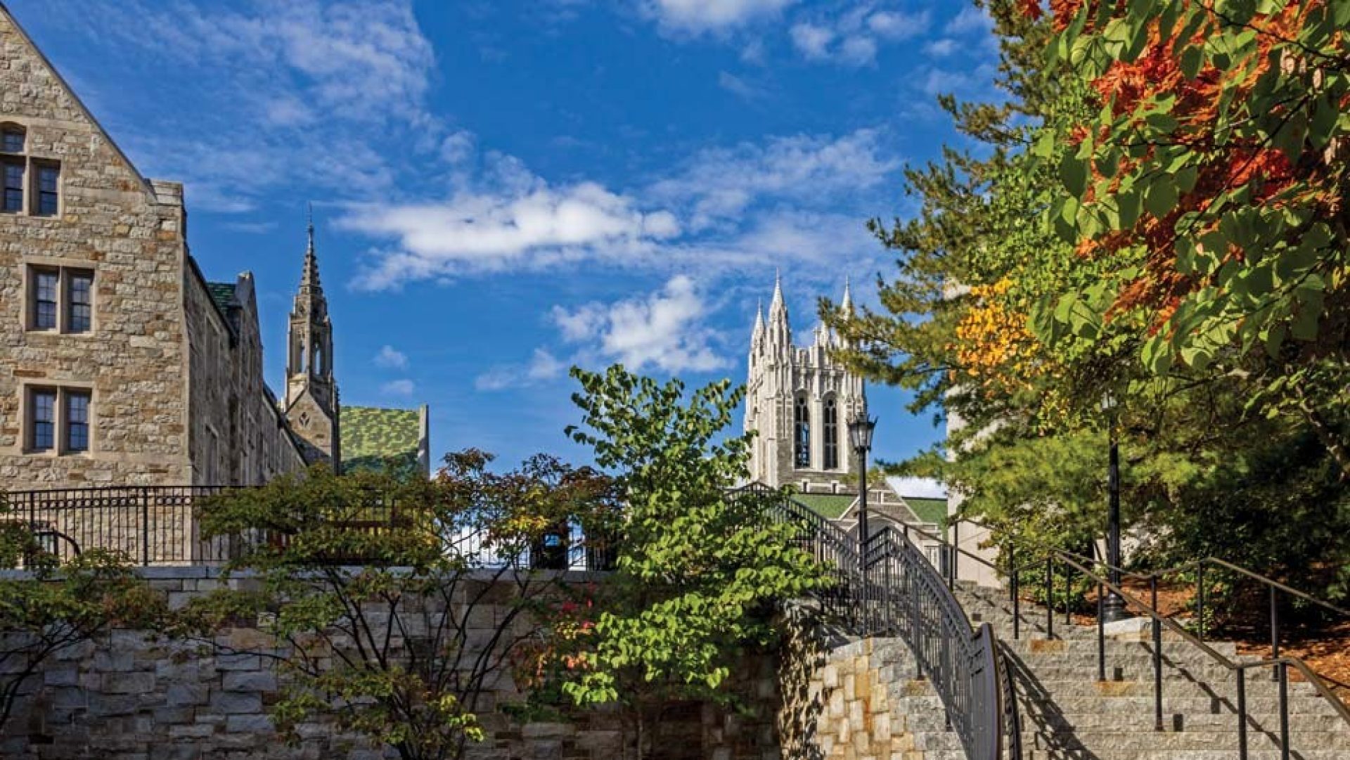 Devlin Hall and Gasson Hall from the landing by Higgins Hall