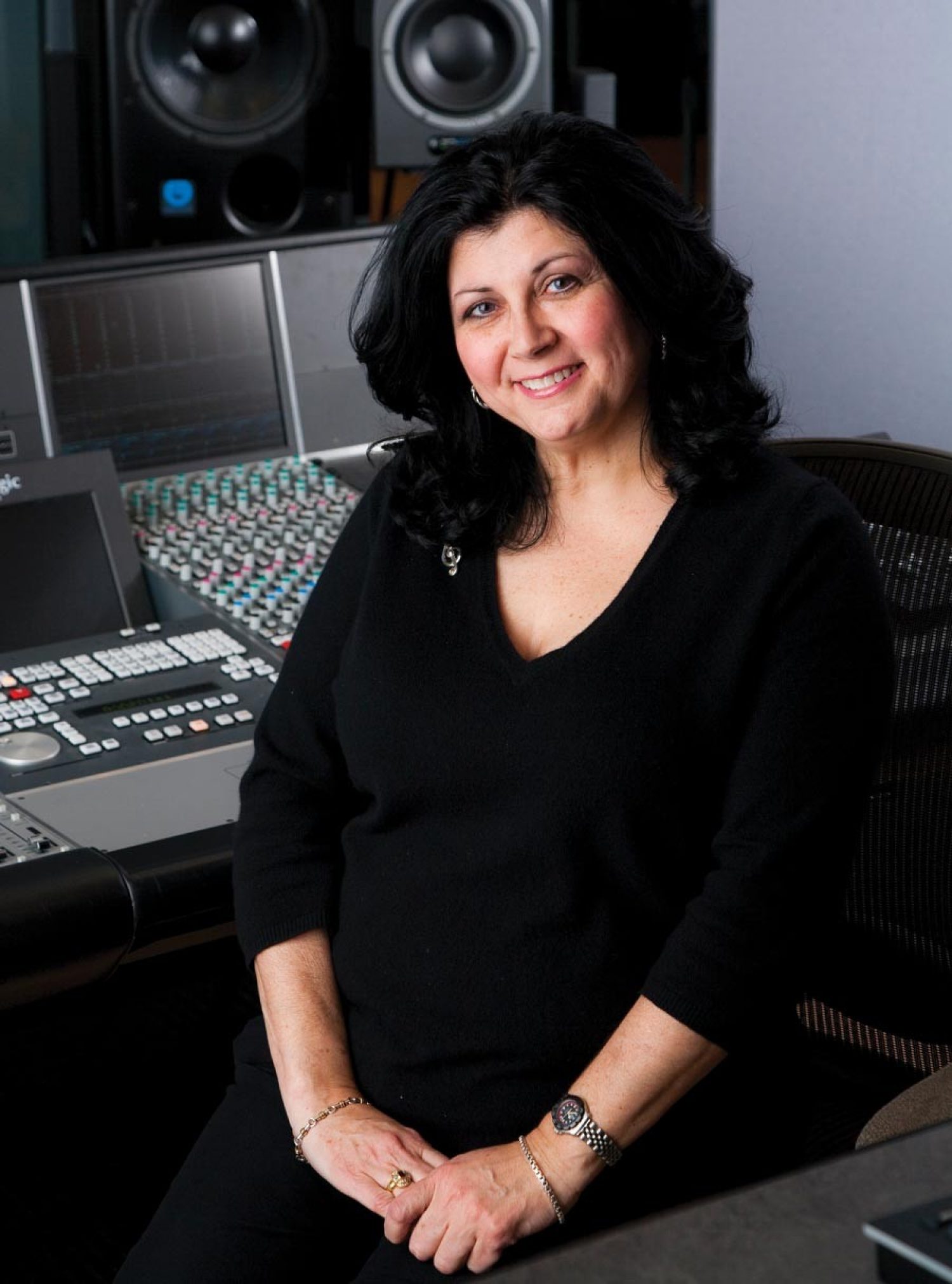 Laura Carlo photographed in a sound production booth