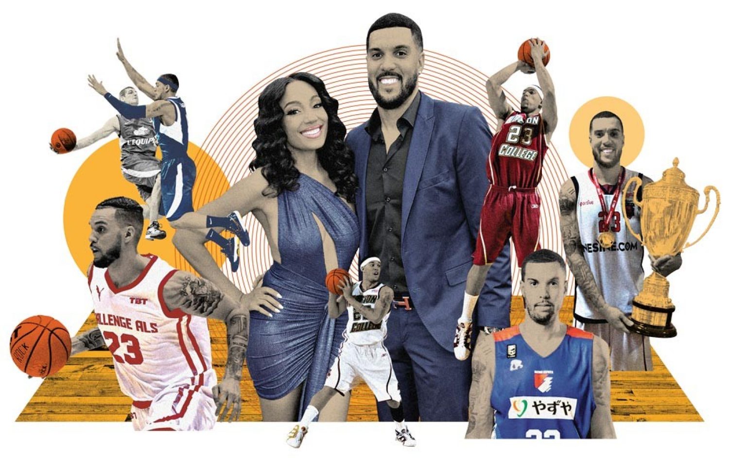 Photo illustration of Brandi and Sean Marshall surrounded by action shots of Sean playing for multiple teams