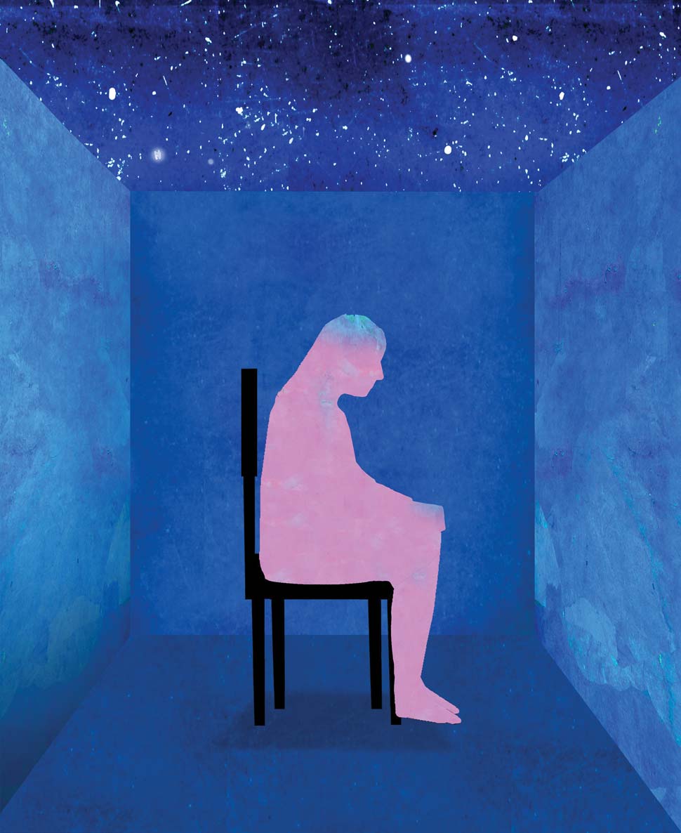 Seated figure alone in walled space with night sky above
