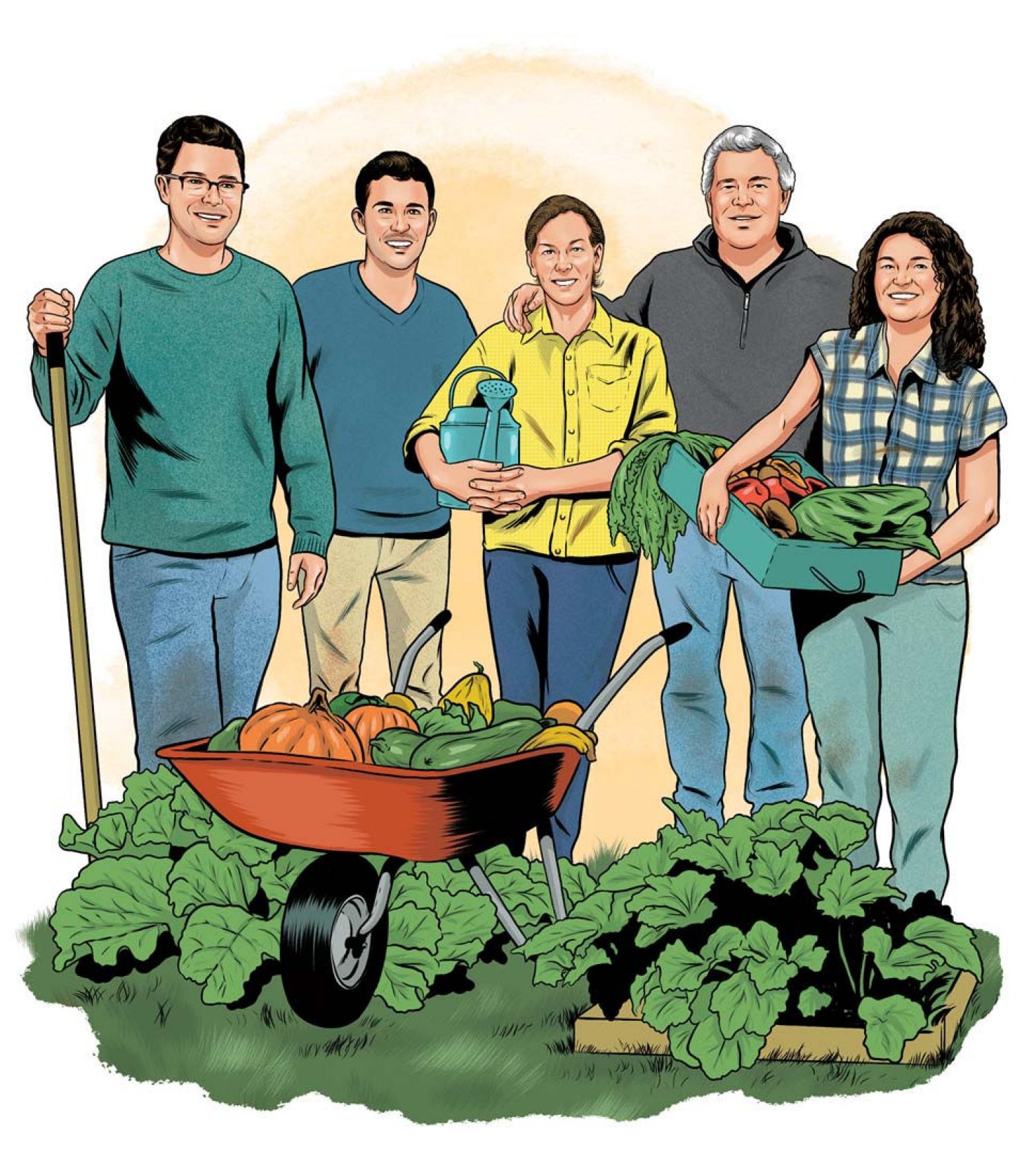 Illustration of the Rooney family in a garden scene