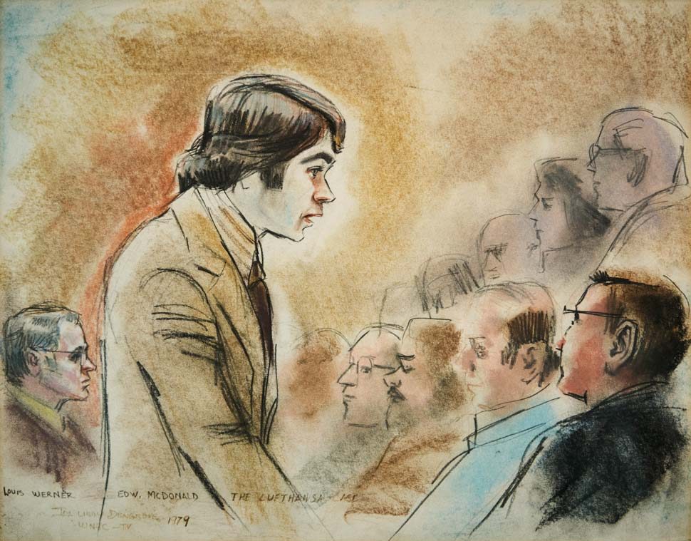 Courtroom sketch of Edward McDonald and other figures.