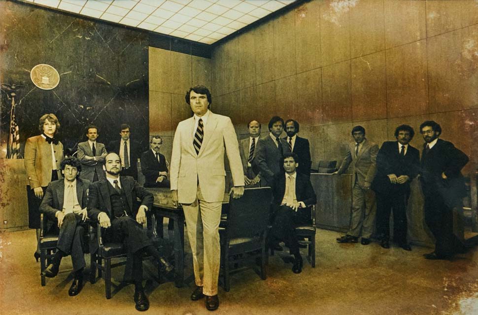 Courtroom sketch of Edward McDonald and other figures.