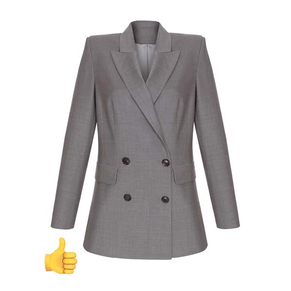 Gray power suit with large shoulder pads and a thumbs up symbol