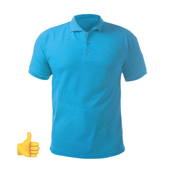 Blue polo shirt with a thumbs up symbol