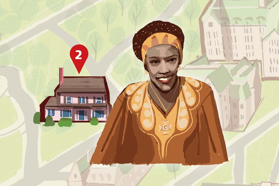 Illustration of Thea Bowman with the house named in her honor.