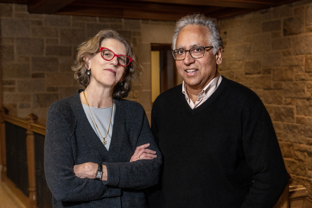 Dual portrait of Prof. Juliet Schor (Sociology) and Prof. and Chair Prasannan Parthasarathi (History) to accompany a story on contributors to the new book "Curriculum by Design: Innovation and the Liberal Arts Core".