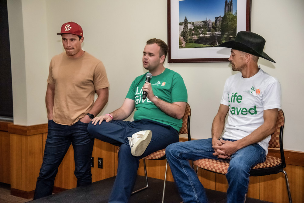 Project Life's Donor and Recipient event with Luke Kuechly, a BC football alum and Project Life spokesperson who will speak and introduce a recent BC donor and recipient to one another. L-R: Luke Keuchly '15, Tim Smyth '22 (MCAS) the BC donor and the Project Life recipient (unnamed).