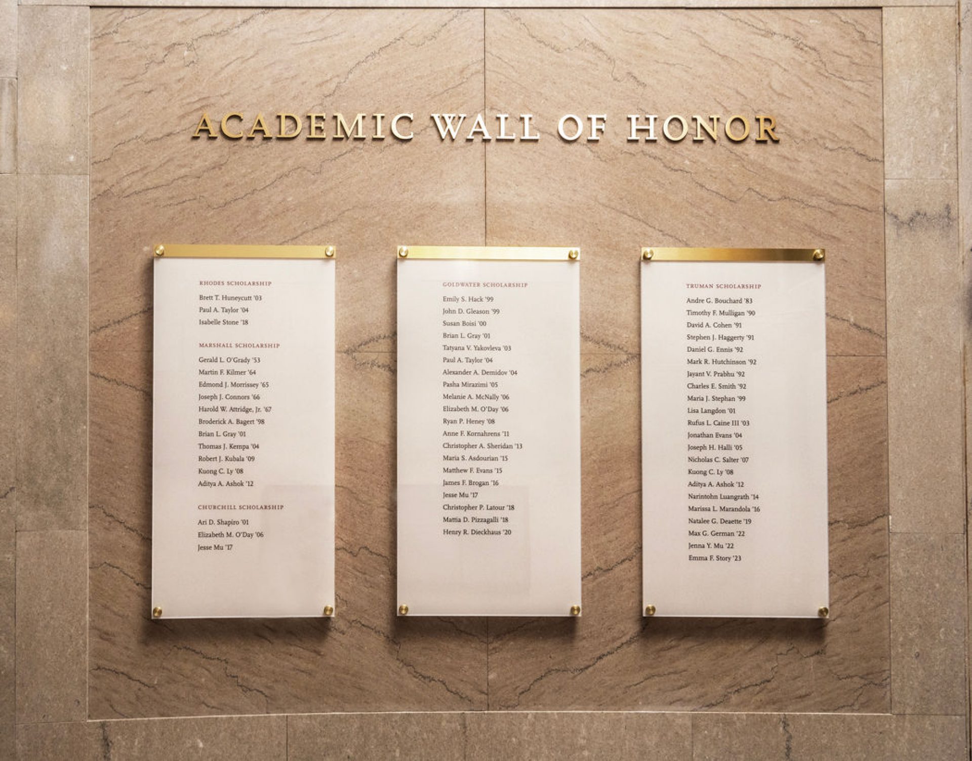 The Academic Wall of Honor in Gasson Hall