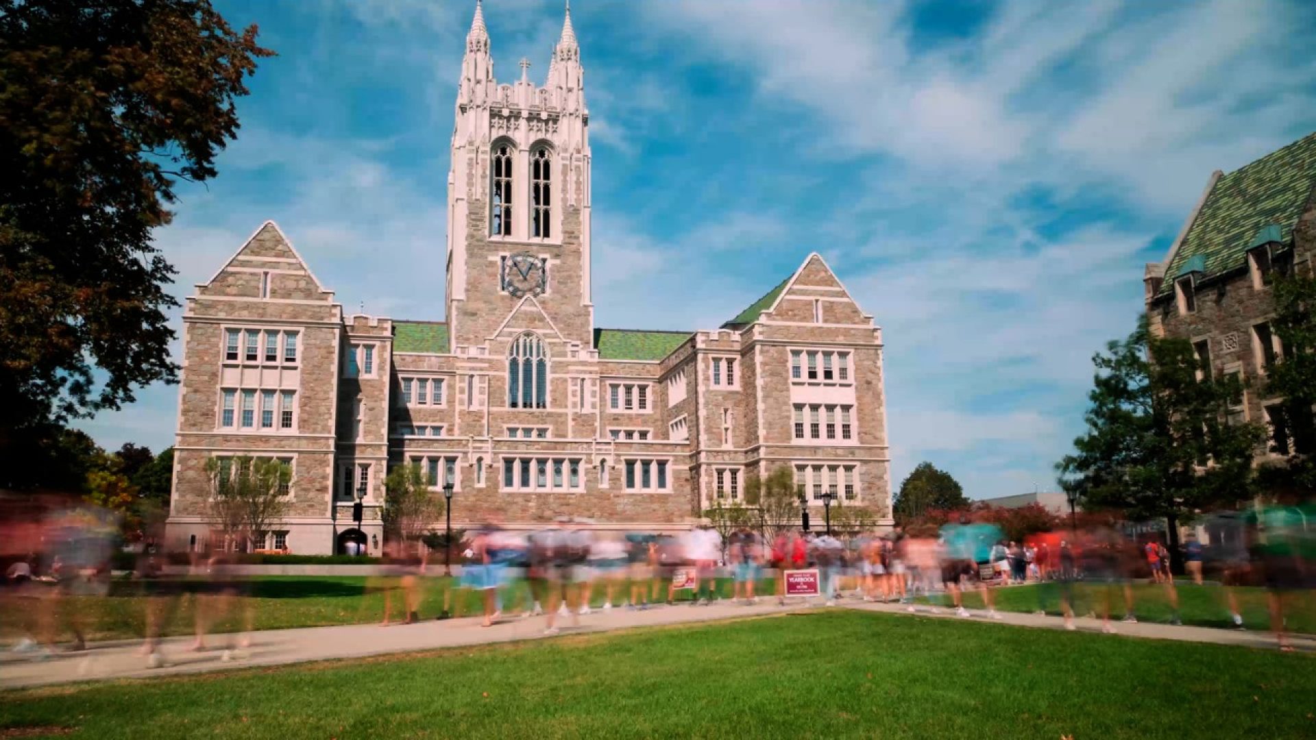 Gasson Hall with tulips in front