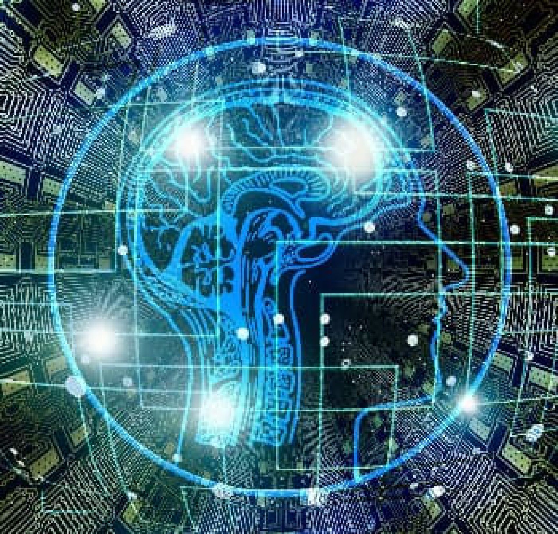 illustration of a silhouetted human head with computer graphics around it