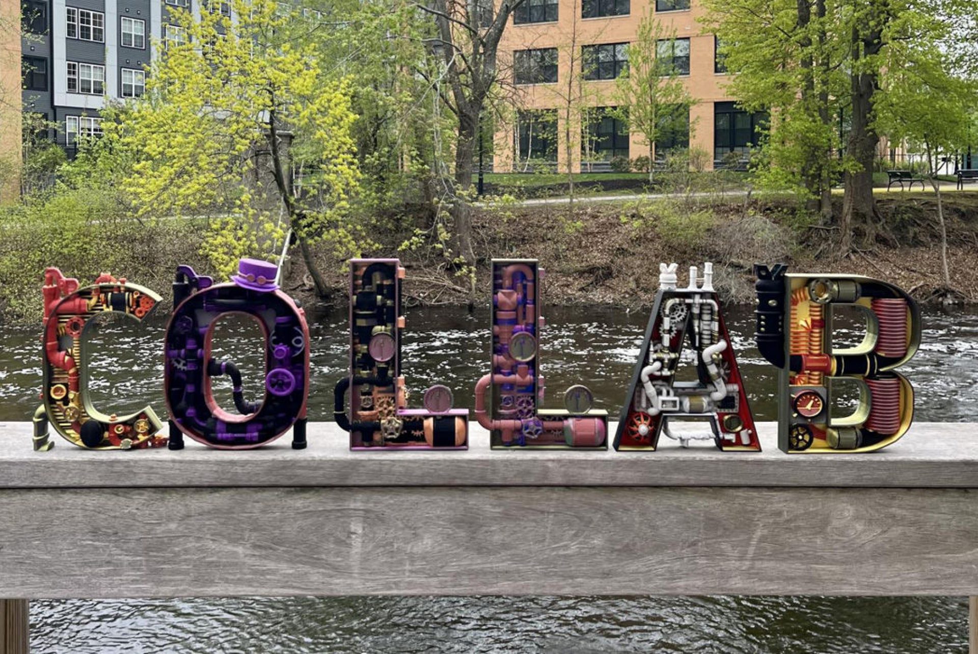sculpture spelling out 'Collab'
